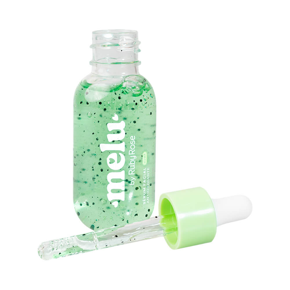 Sérum Facial Melu Antioxidante Kiwi 30ml frasco aberto com conta-gotas verde claro