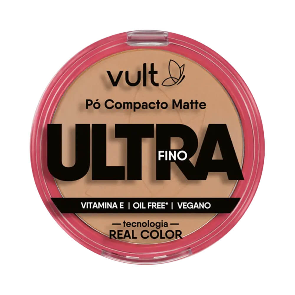 Pó Compacto Matte Vult Ultra Fino tom V440 com embalagem rosa e tampa transparente