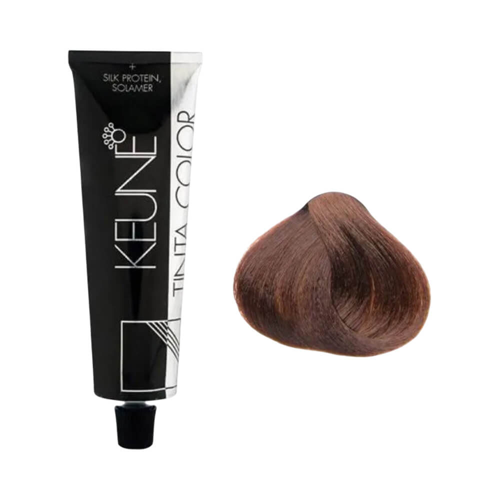 Tubo de coloração Keune ao lado de mecha na cor Louro Escuro Avelã