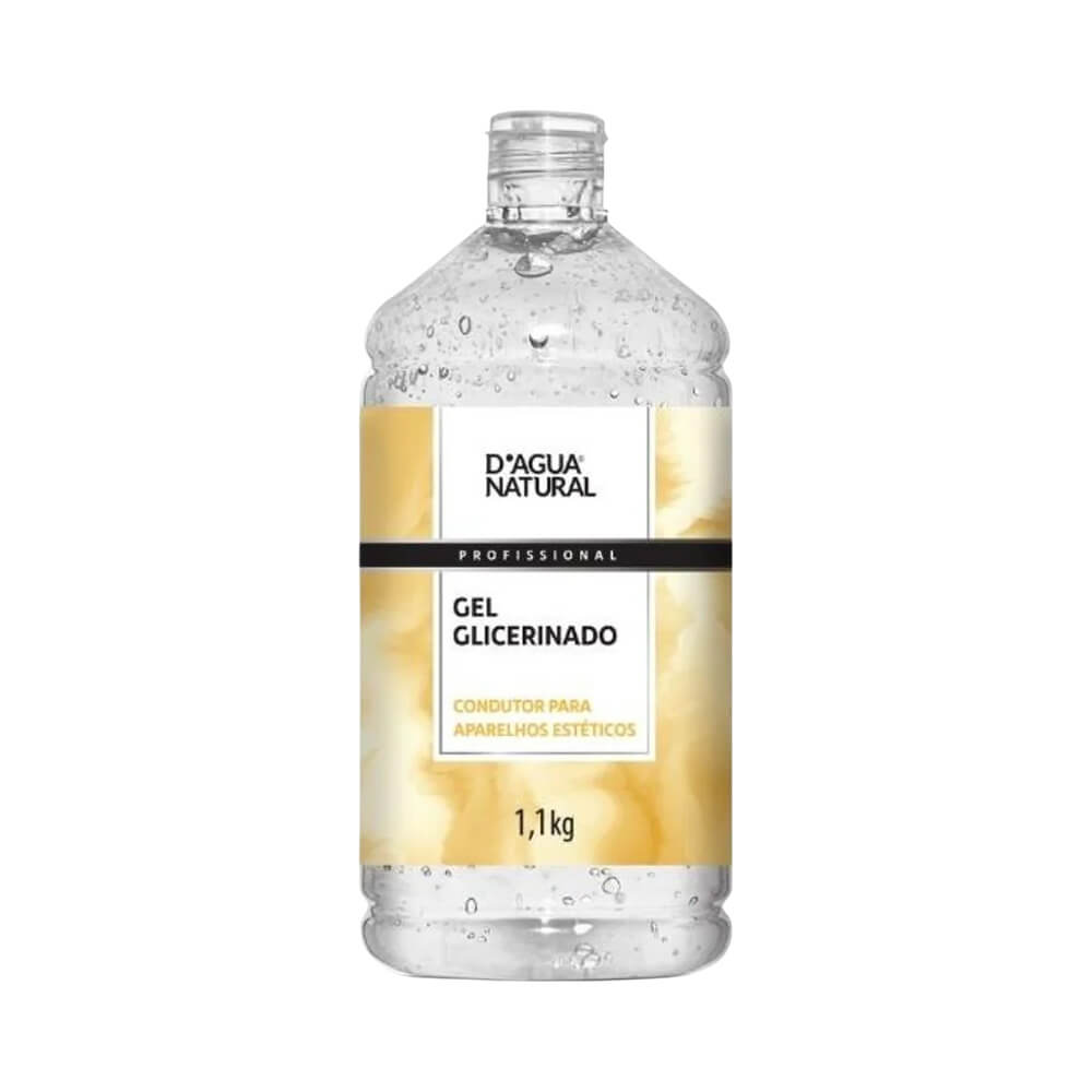 Frasco transparente do Gel Glicerinado D'Agua Natural com rótulo branco e bege, gel cristalino com bolhas internas.