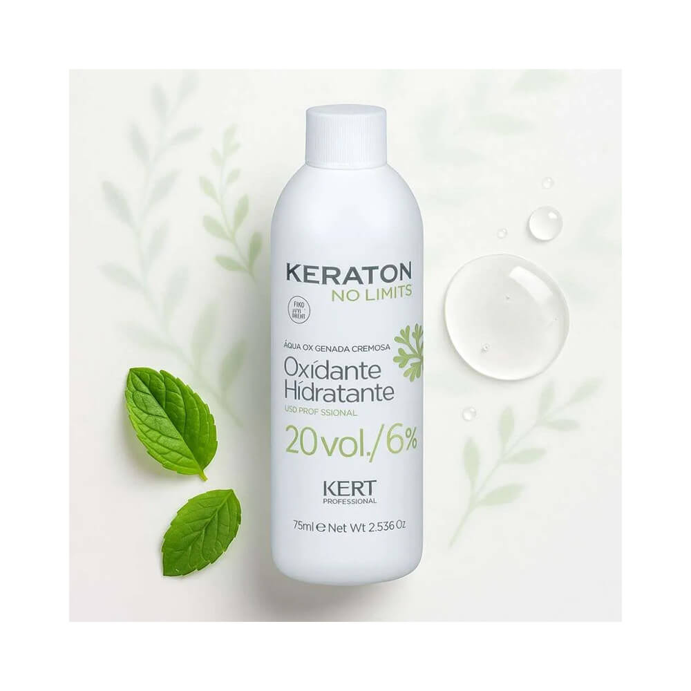 Água Oxigenada Keraton No Limits 20 Volumes 75ml com fundo claro e elementos naturais