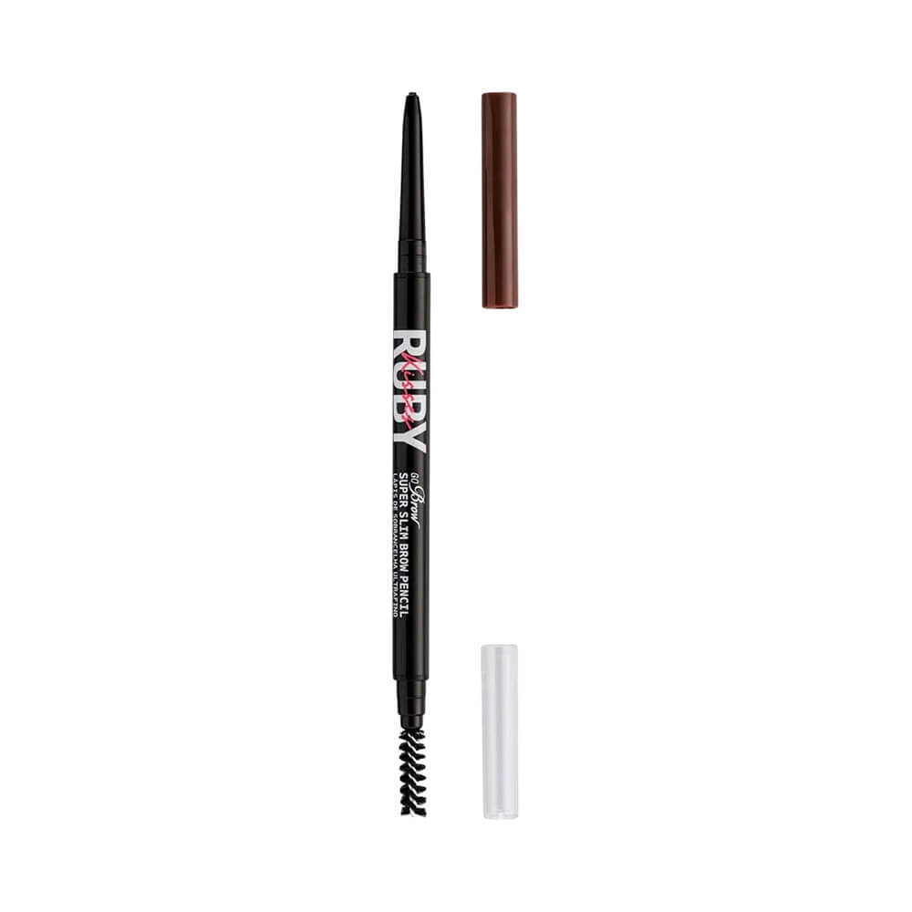Lápis Ruby Kisses Go Brow Ultrafino Medium Brown aberto mostrando ponta ultrafina e escovinha