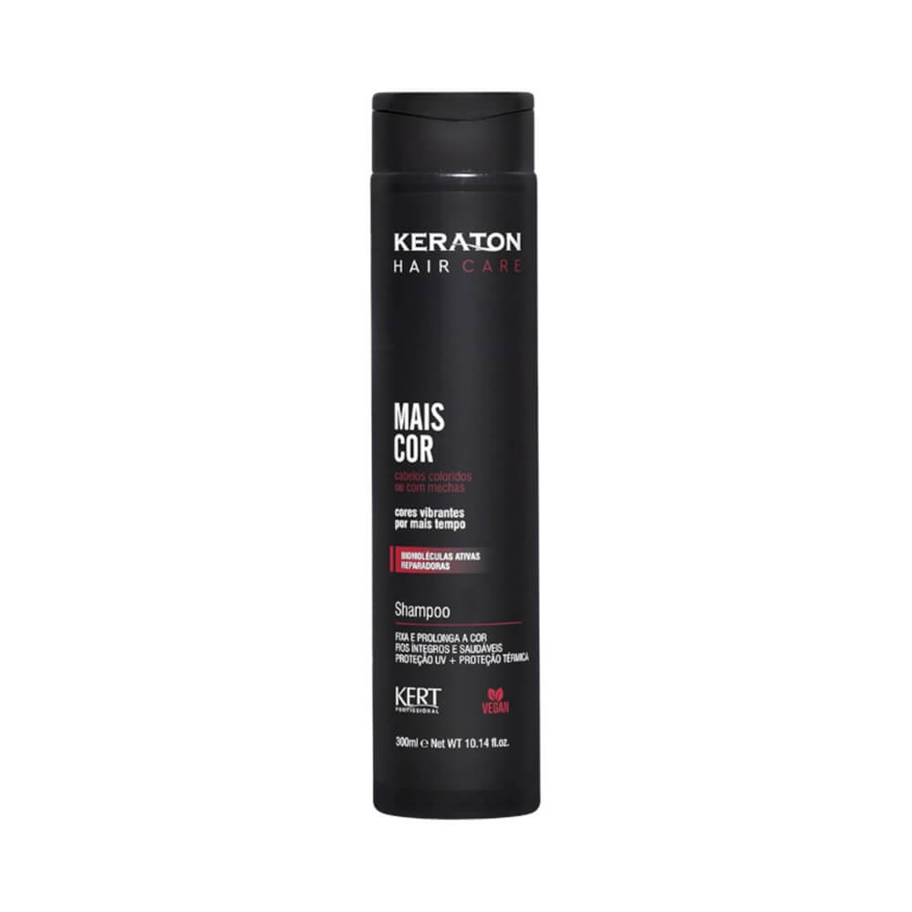Shampoo Keraton Mais Cor 300ml em embalagem preta fosca com texto branco e vermelho