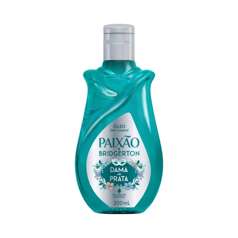 Frasco de óleo corporal Paixão & Bridgerton Dama de Prata, 200ml, em posição vertical com fundo branco