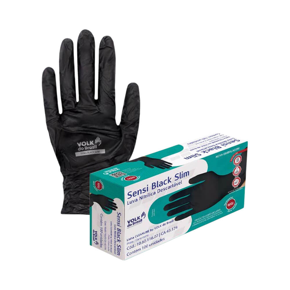 Luva Descartável Volk Nitrílica Sensi Black Slim P 100 Unidades