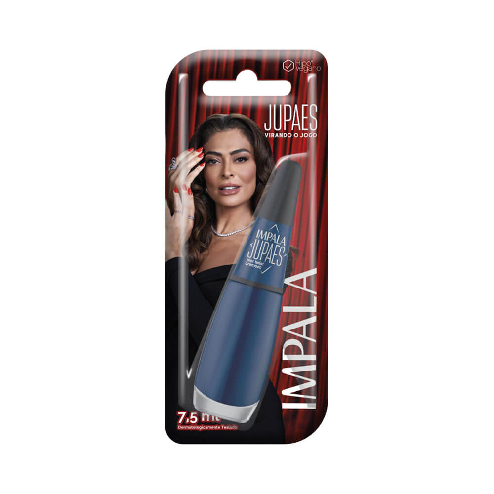 Embalagem blister do esmalte Impala Ju Paes Virando o Jogo Plot Twist com imagem da atriz Juliana Paes