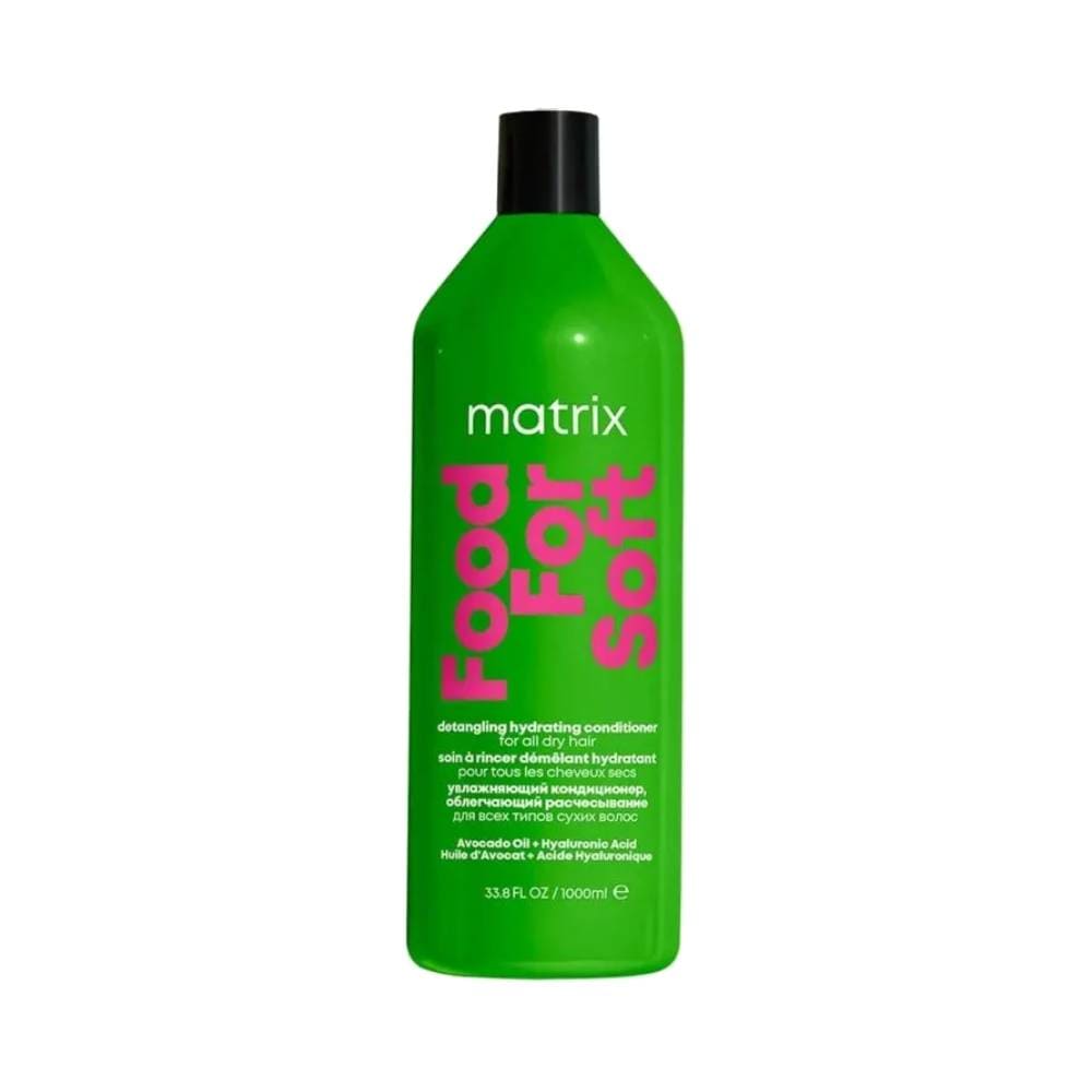 Frasco verde de condicionador Matrix Food For Soft 1000ml com texto em rosa e preto, fundo branco.