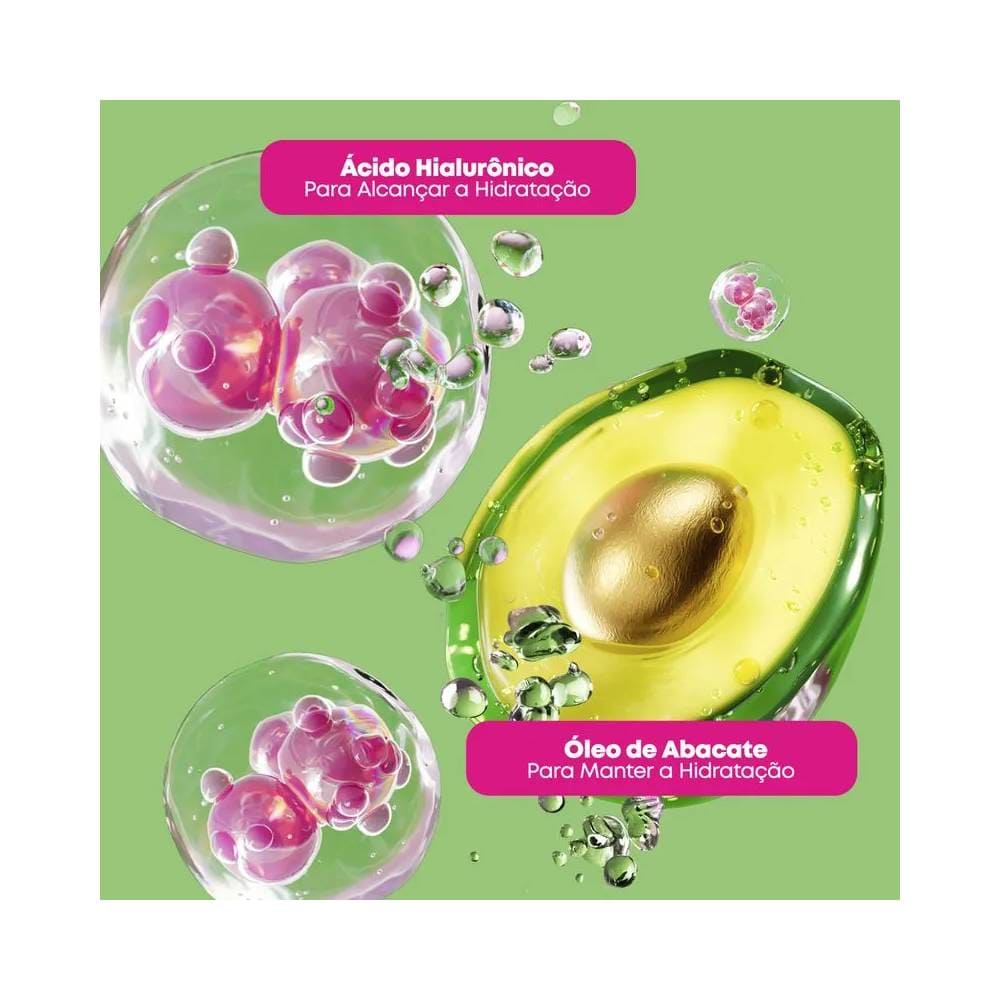 Ilustração com bolhas e um abacate verde, destacando ingredientes do condicionador Matrix Food For Soft 1000ml.