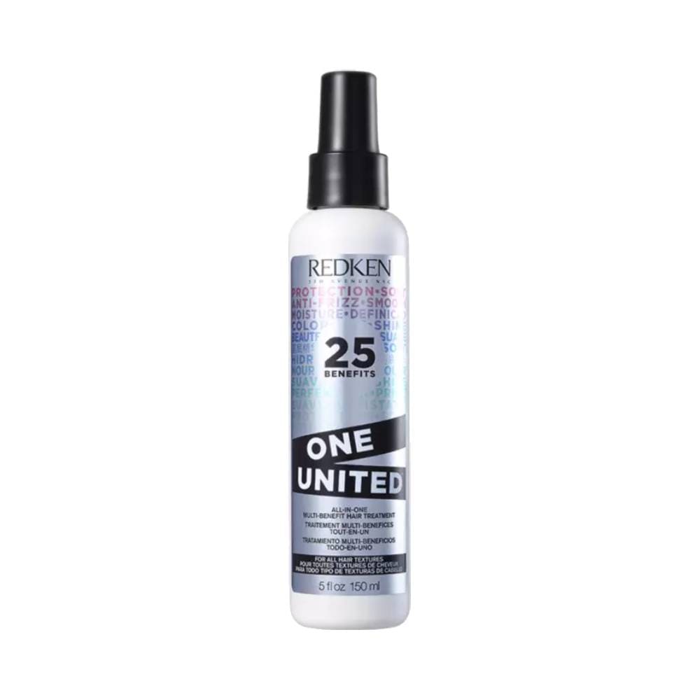 Frasco do Spray de Tratamento Redken One United 150ml com design branco e rótulo prateado holográfico
