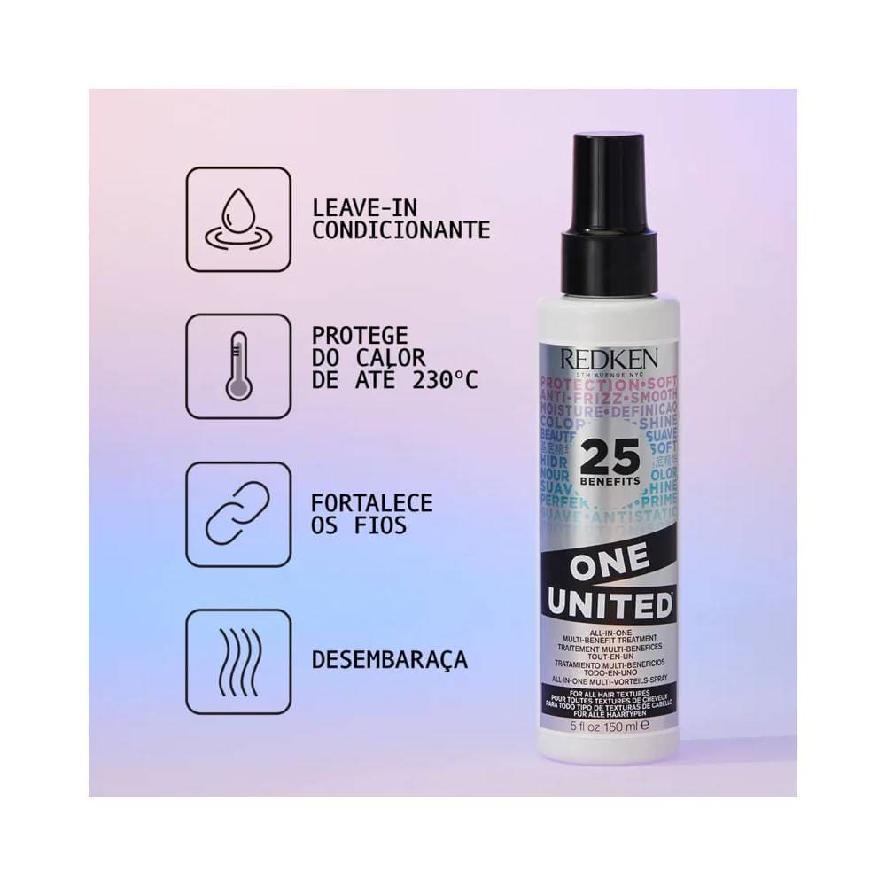 Spray Redken One United 150ml com fundo degradê lilás e azul destacando benefícios