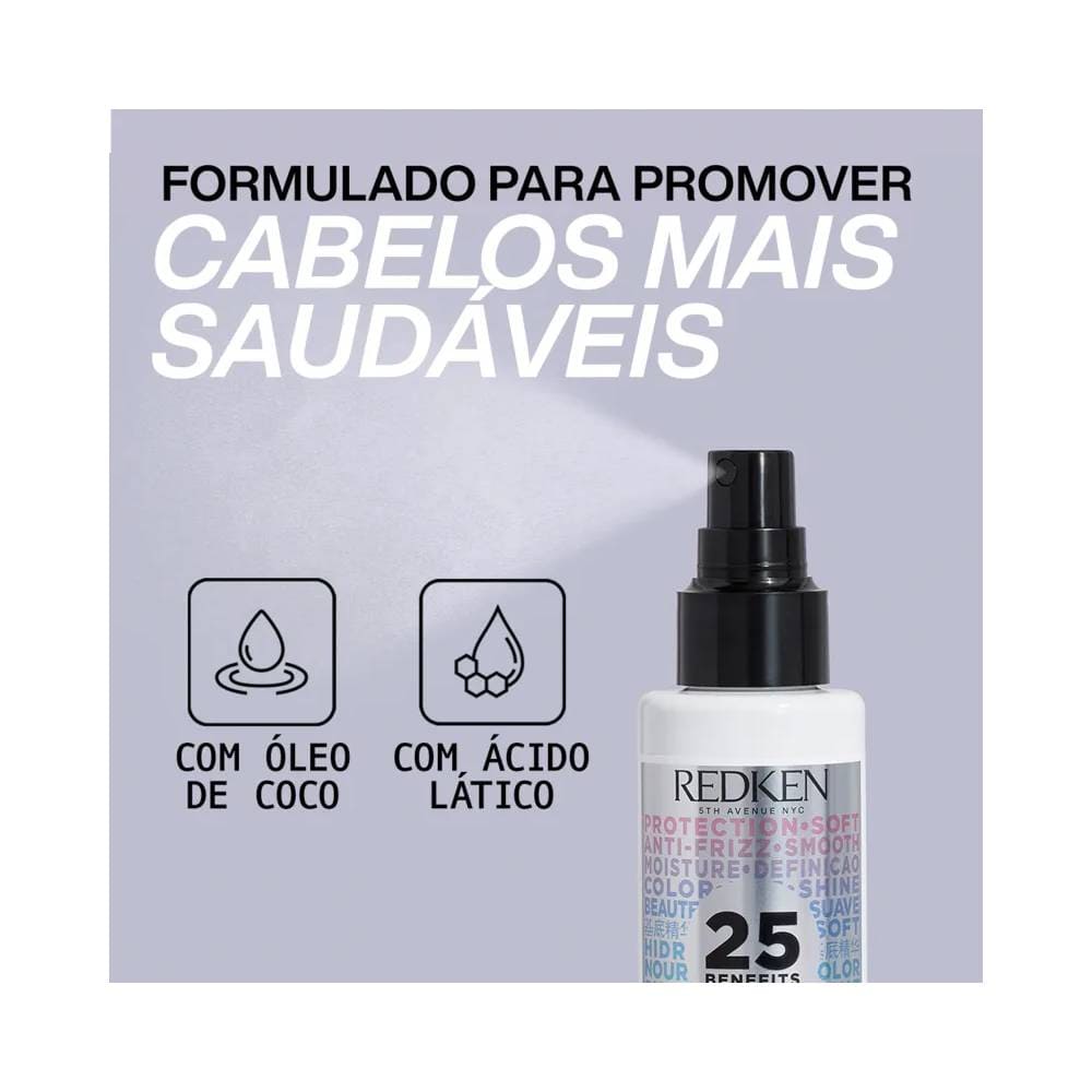 Spray Redken One United 150ml com ingredientes como óleo de coco e ácido lático