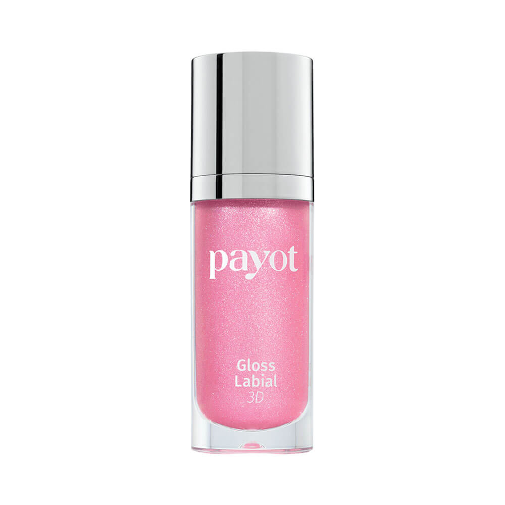 Gloss Labial 3D Payot Algodão Doce 20 em frasco transparente com tampa prateada, mostrando o gloss rosa com brilho perolado.