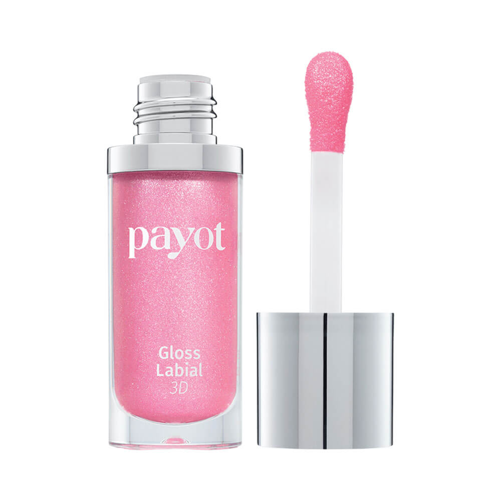 Aplicador macio do Gloss Labial 3D Payot Algodão Doce 20 com ponta coberta pelo gloss rosa cintilante.