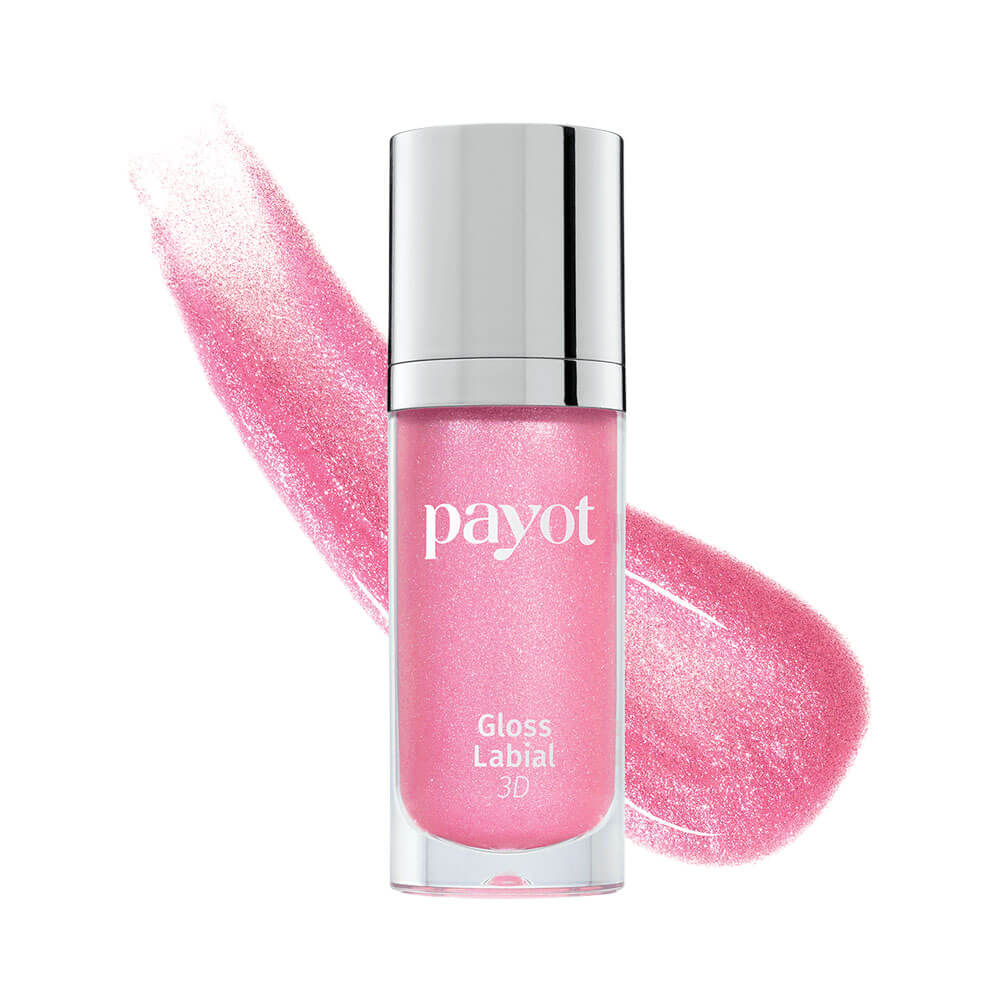 Gloss Labial 3D Payot Algodão Doce 20 em frasco transparente com destaque para brilho e textura do produto.