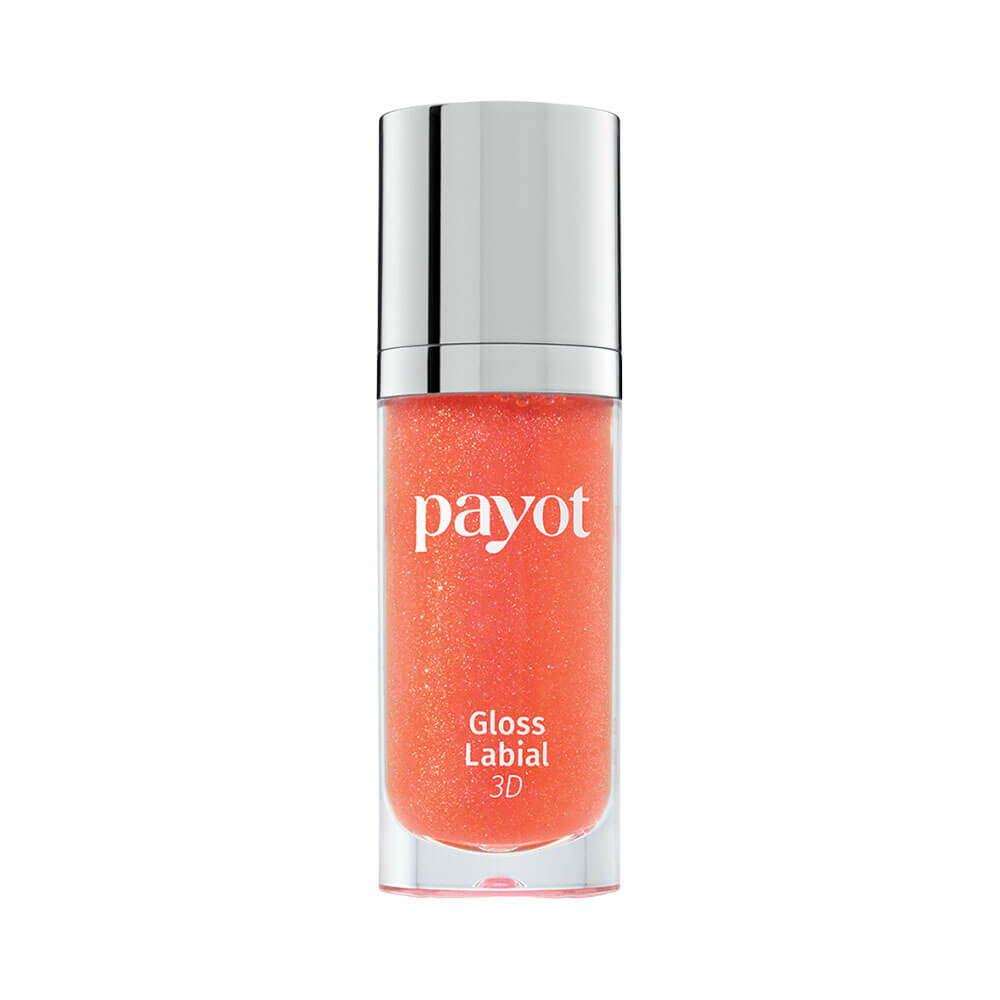 Gloss Labial 3D Payot Coral 10 em frasco transparente com tampa prateada e brilho cintilante