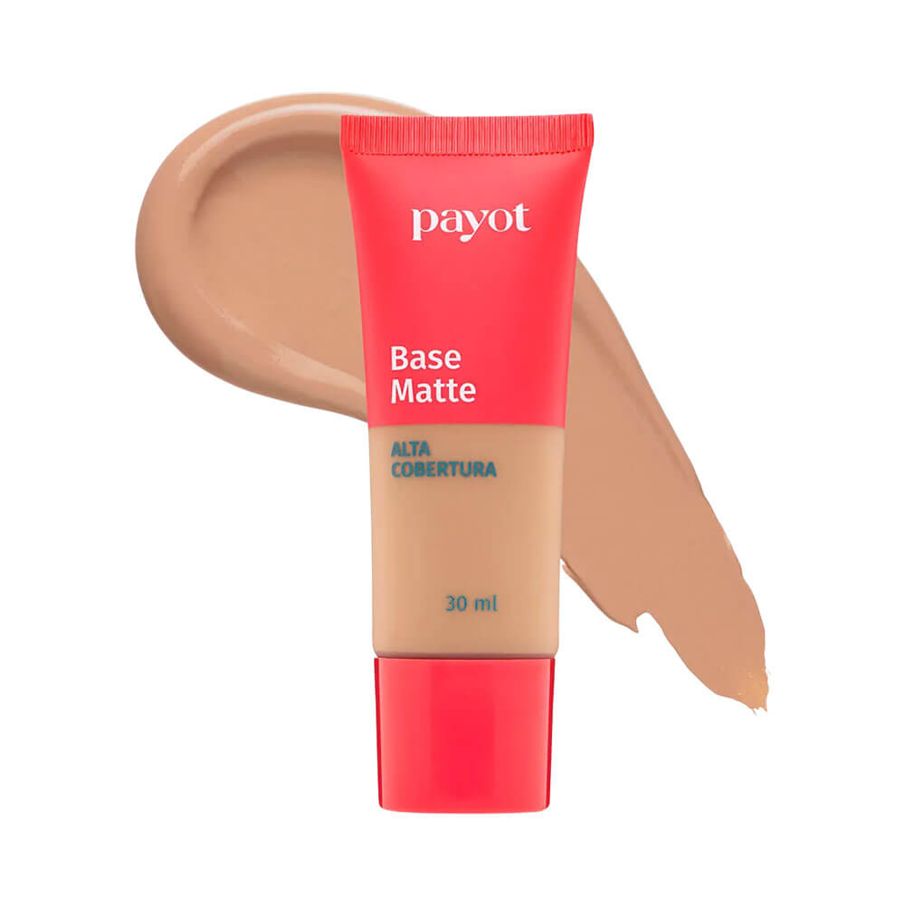 Base Líquida Payot Matte Alta Cobertura Cor 4 com textura cremosa em tom bege médio