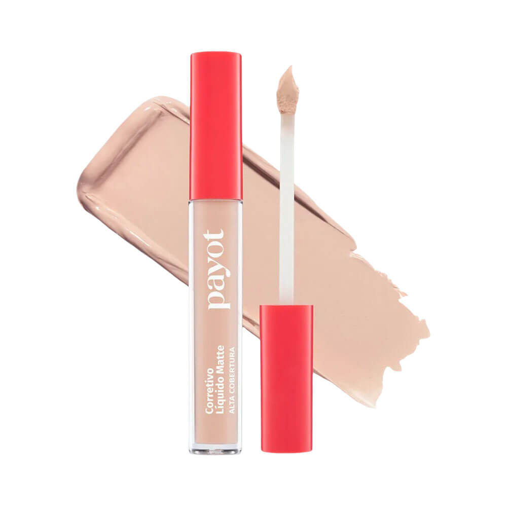 Corretivo líquido Payot Matte Alta Cobertura cor 1 com textura cremosa em tom bege claro sobre fundo branco