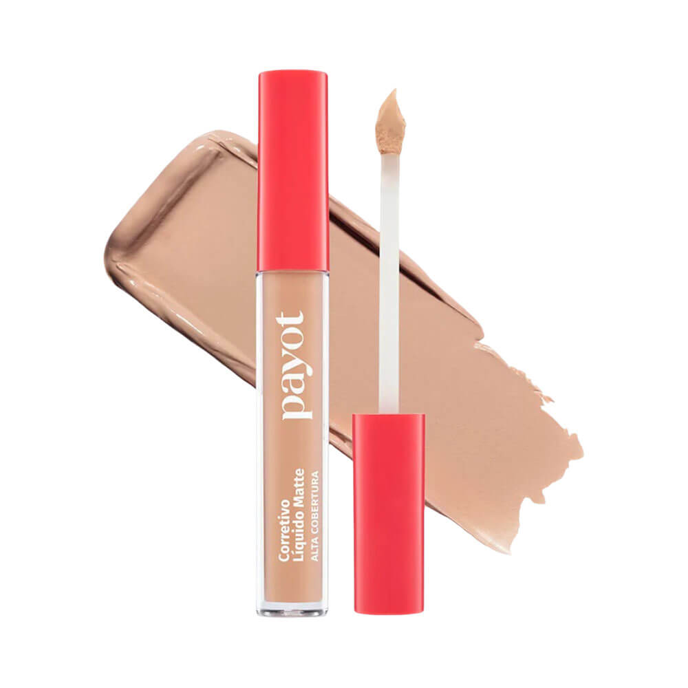 Corretivo Líquido Payot Matte Alta Cobertura cor 2.5 com textura cremosa e aplicador aberto