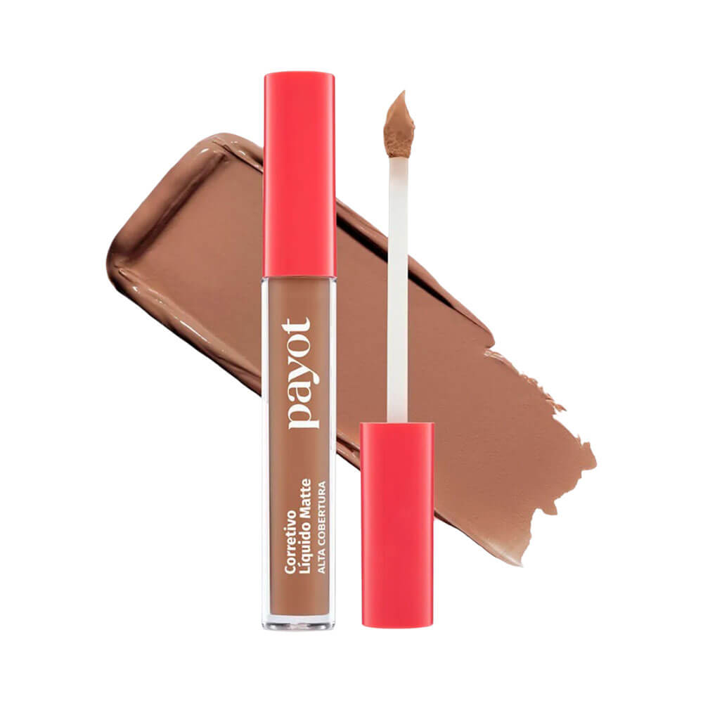 Corretivo líquido Payot aberto com aplicador mostrando a cor marrom médio quente