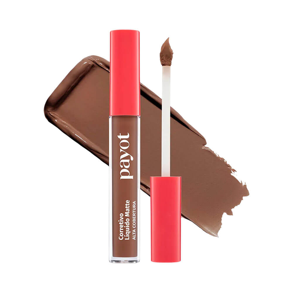 Corretivo Payot aberto com aplicador e amostra da cor marrom médio em pincelada ao fundo.