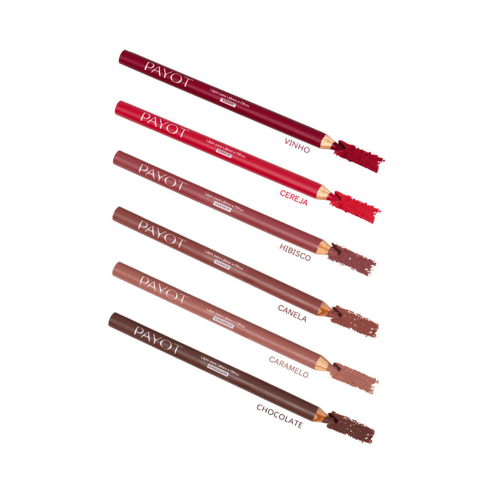 Seis lápis multifuncionais Payot para lábios e olhos em várias cores, com destaque para o caramelo.