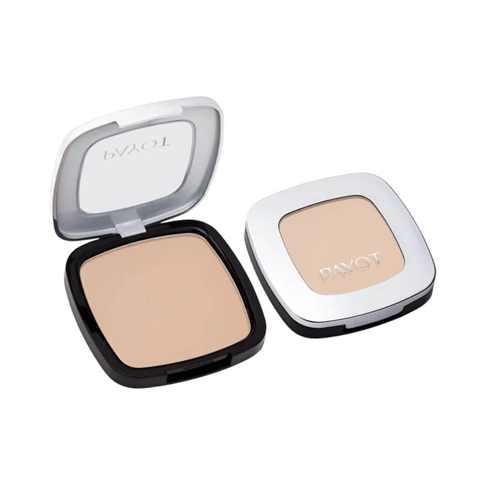 Duas unidades do Pó Compacto Payot Retinol 10, uma aberta e outra fechada com tampa prateada brilhante