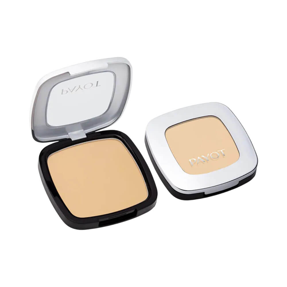 Duas unidades do Pó Compacto Payot Retinol 20, uma aberta e outra fechada com tampa prateada