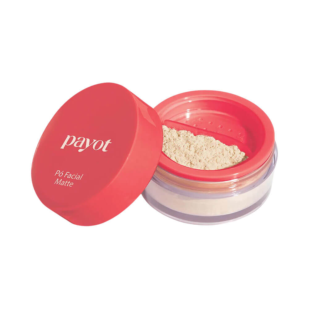 Pó Solto Payot Matte 1 Claro embalagem com tampa rosa e pó claro visível