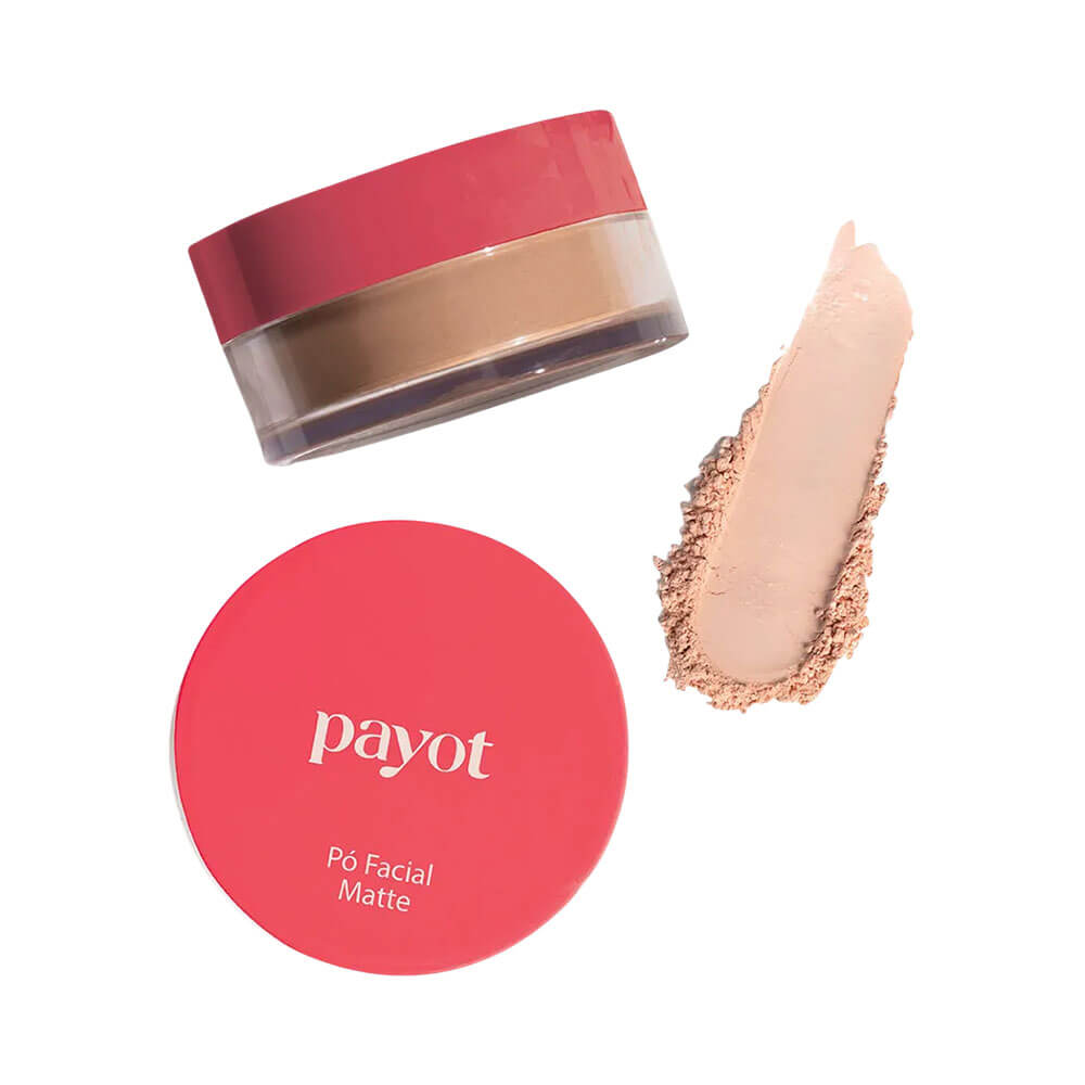 Pó solto facial Payot Matte 2 Médio, embalagem transparente e tampa rosa, textura fina do pó em tom médio bege claro.