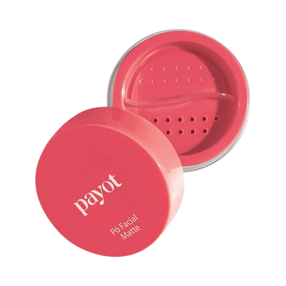 Embalagem do pó solto Payot Matte 2 Médio aberta mostrando dosador e tampa rosa avermelhada.