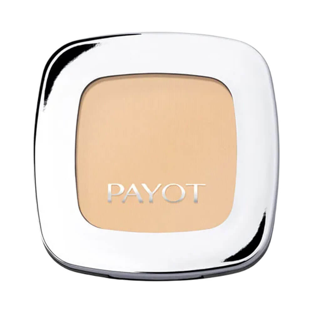 Embalagem moderna e elegante do Pó Compacto Payot Retinol 30 com tampa prateada e base preta.