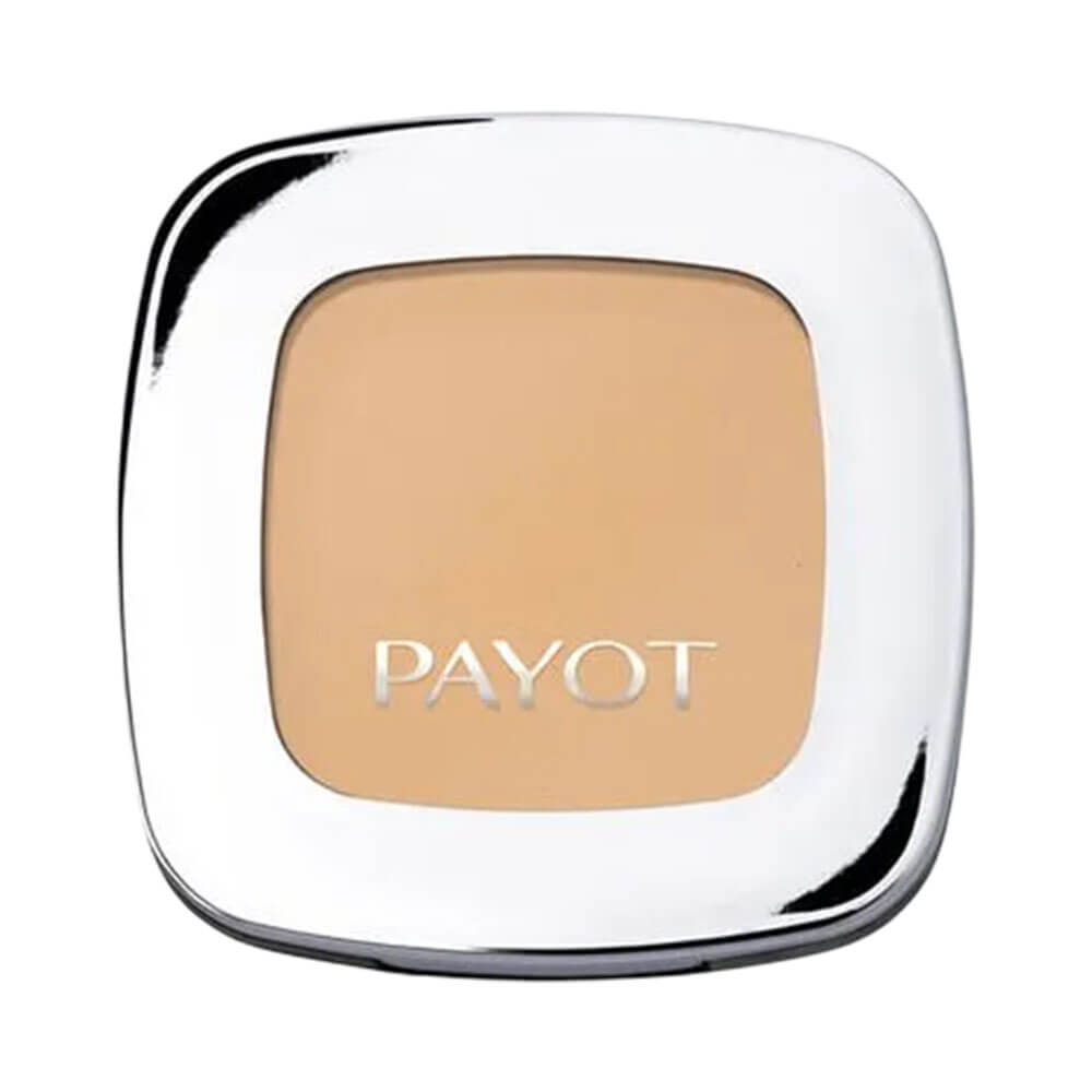 Pó Compacto Payot Retinol 50 fechado com embalagem quadrada e tampa transparente mostrando o pó bege