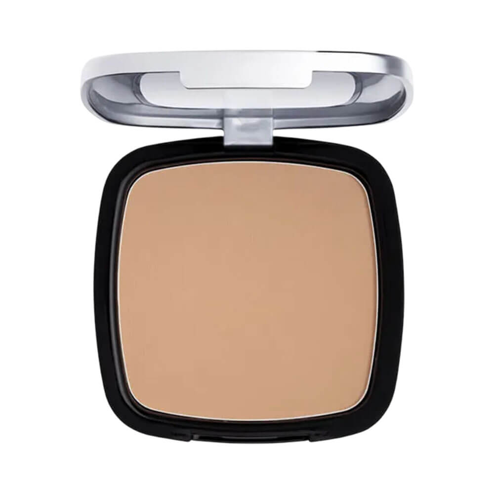 Pó Compacto Payot Retinol 40 aberto mostrando o pó em tom bege médio com embalagem preta e tampa prateada translúcida