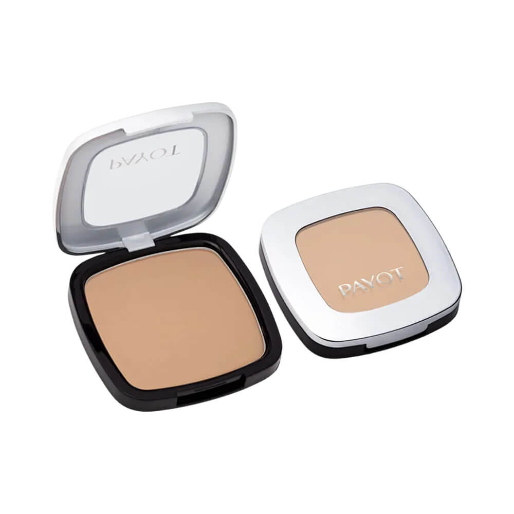 Duas unidades do Pó Compacto Payot Retinol 40, uma aberta e outra fechada, mostrando embalagem elegante