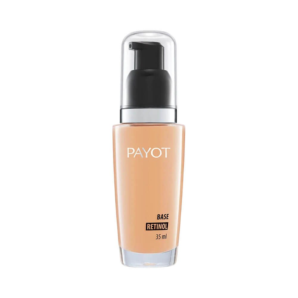 Frasco de base líquida Payot Retinol Cor 45 em fundo branco, embalagem transparente com tampa preta