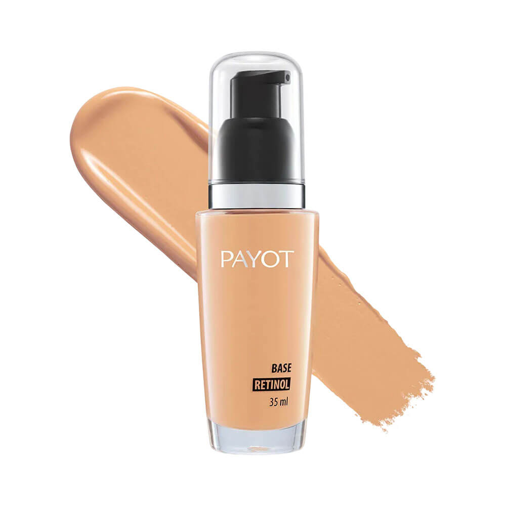 Base líquida Payot Retinol Cor 45 com amostra da cor do produto aplicada na lateral do frasco