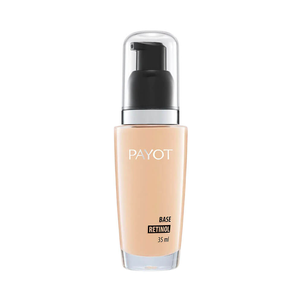 Frasco de base líquida Payot Retinol Cor 25 com aplicador preto e tampa transparente