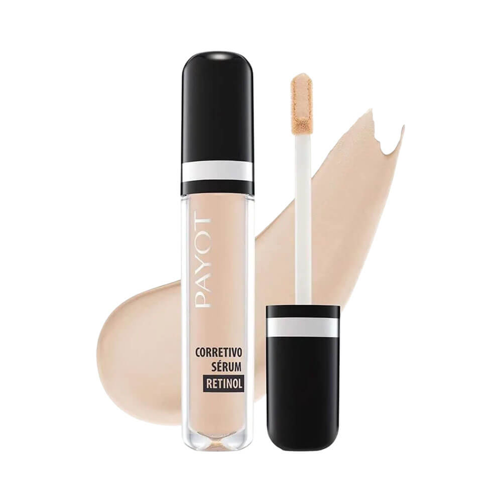 Corretivo Sérum Payot Retinol 05 com aplicador aberto e amostra do produto mostrando textura cremosa
