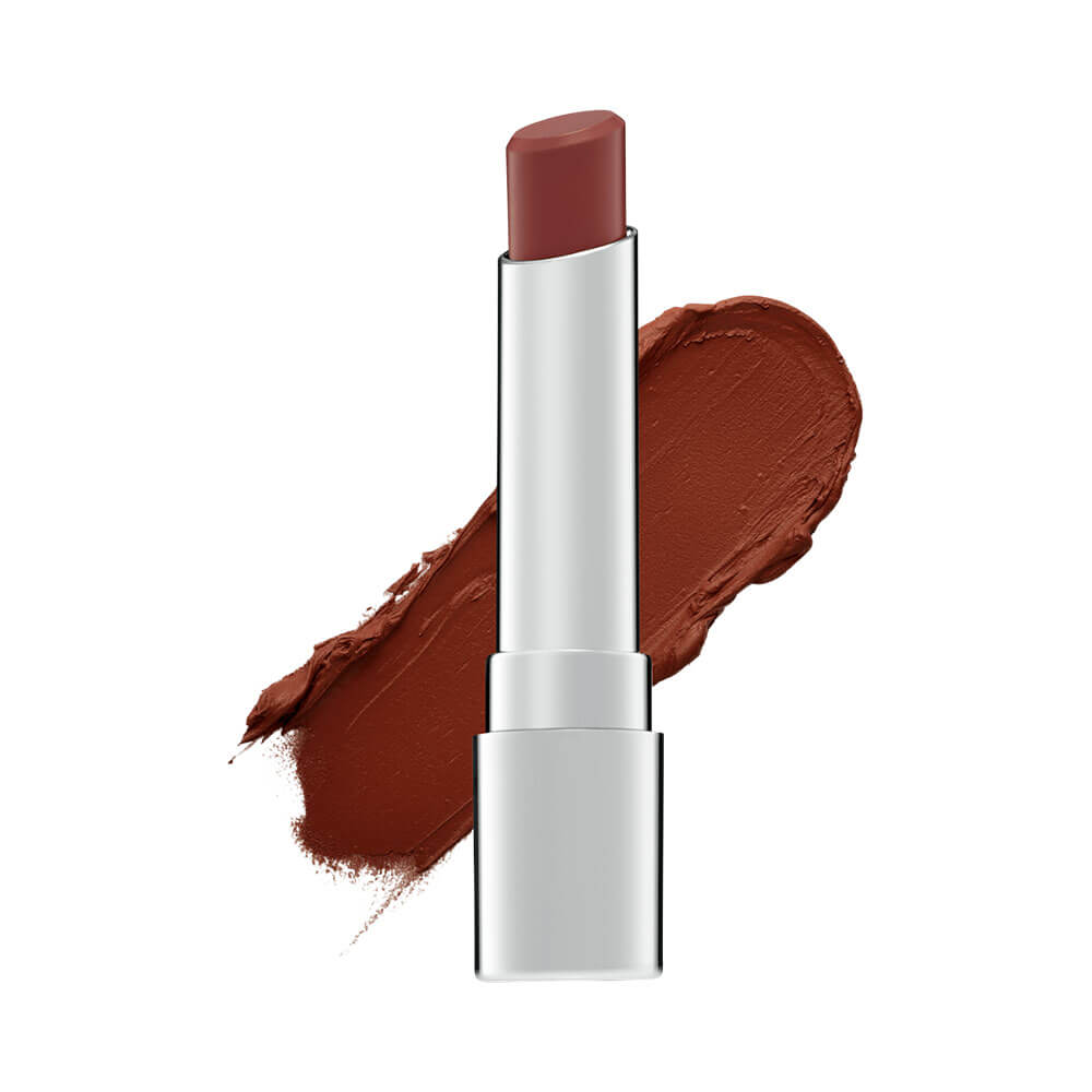 Batom Payot Hidratante cor Avelã com amostra da cor marrom avermelhada ao fundo