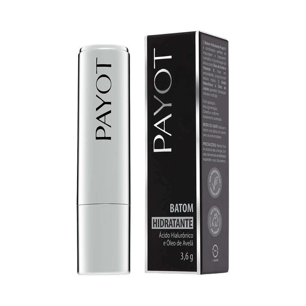 Batom Payot Hidratante Avelã com embalagem fechada prateada ao lado da caixa preta