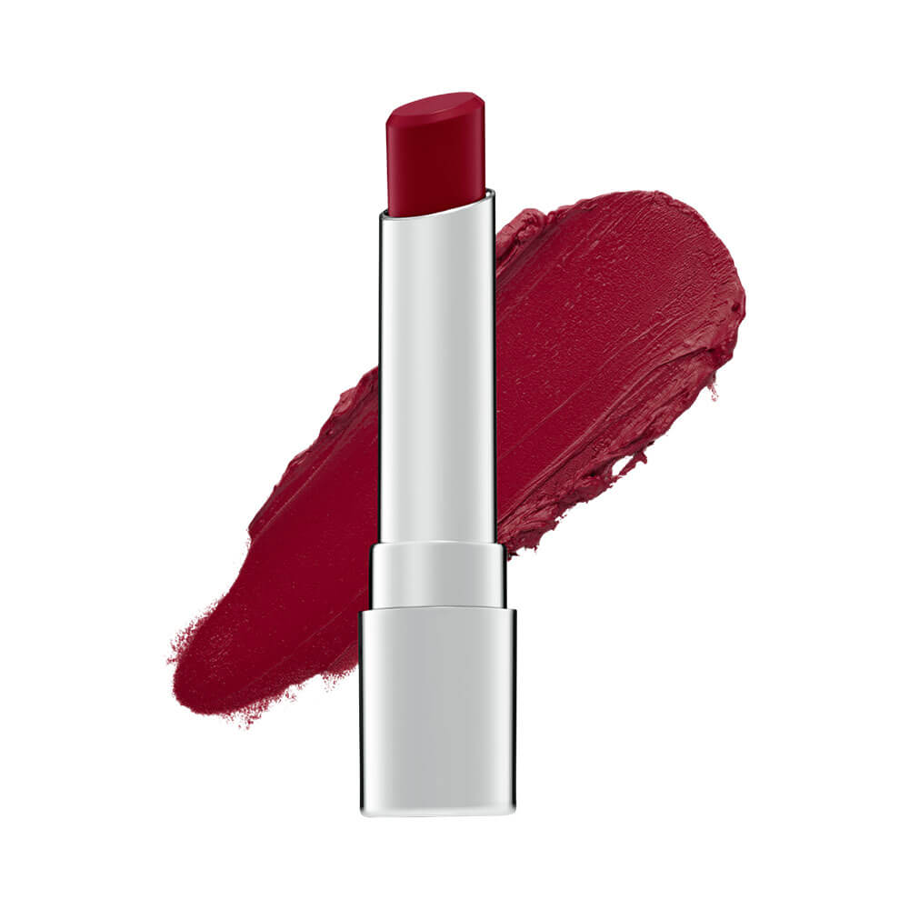 Batom Payot Hidratante Rubi aberto com textura cremosa espalhada ao fundo