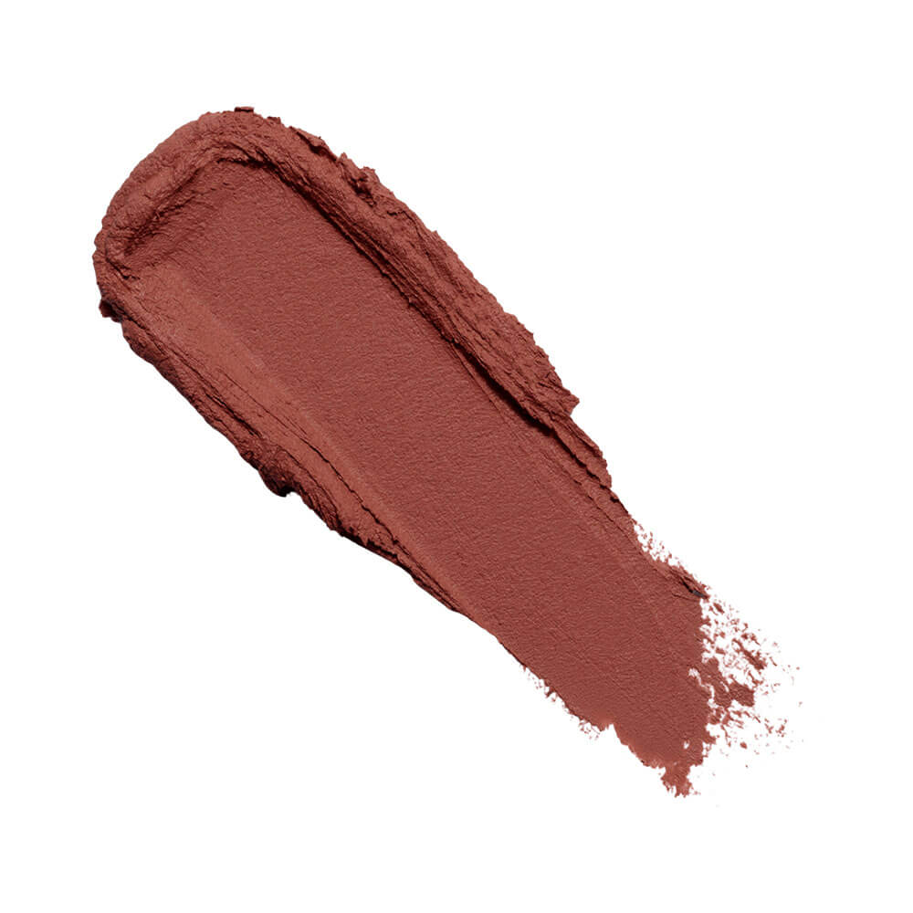 Amostra da cor marrom rosada do Batom Payot Matte Bombom em fundo branco