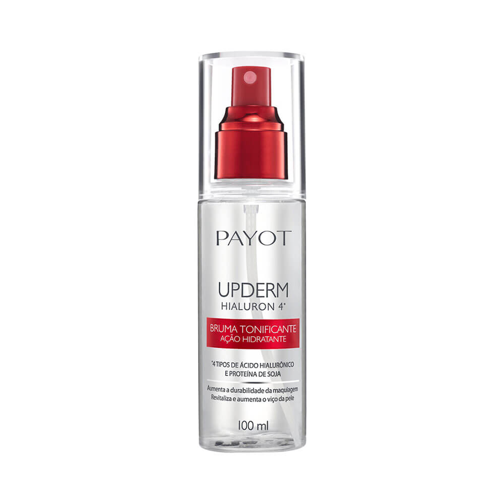 Frasco transparente da Bruma Tonificante Payot Upderm 100ml com válvula spray vermelha