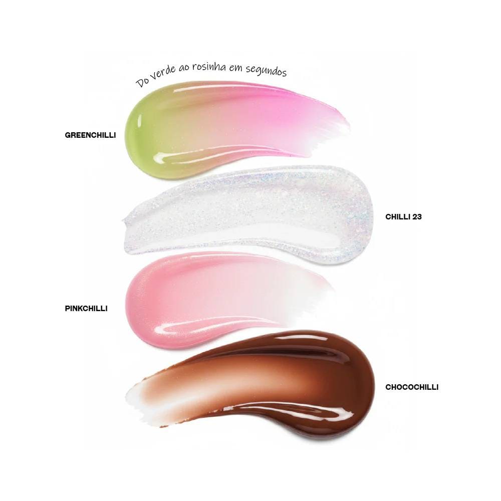 Quatro cores de gloss em formato de gotas nas cores verde, rosa, branco e marrom