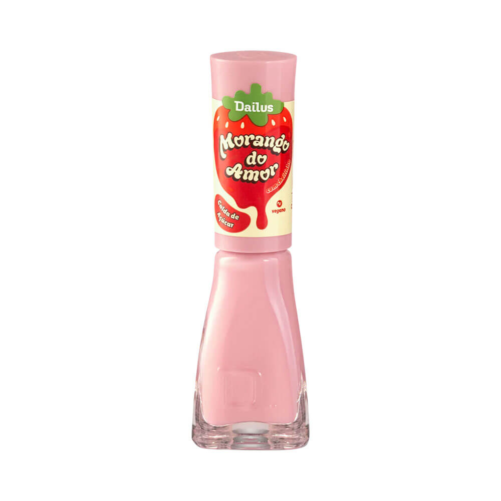 Esmalte Dailus Morango do Amor Calda de Açúcar, frasco com tampa rosa claro e rótulo vermelho e verde