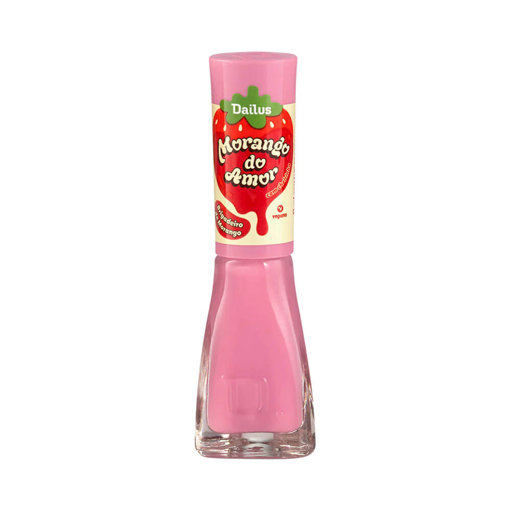 Frasco de esmalte Dailus Morango do Amor, cor Brigadeiro de Morango, vidro transparente com tampa rosa