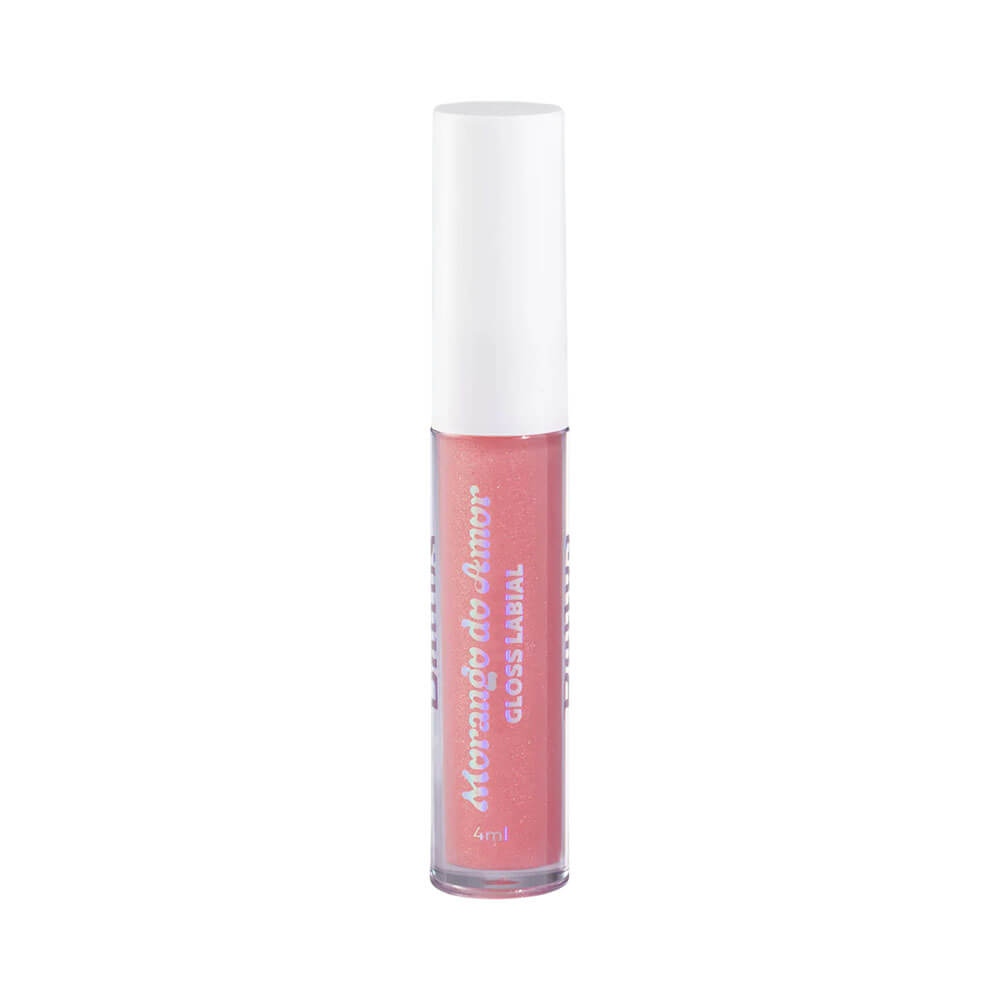 Lip Gloss Dailus Morango do Amor Calda de Açúcar embalagem transparente com produto rosa e brilho