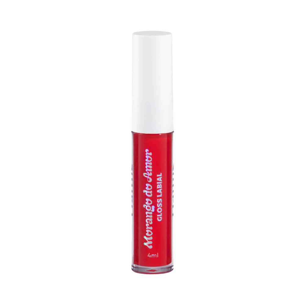Imagem do produto Lip Gloss Dailus Morango do Amor Morangão, embalagem em tubo transparente com tampa branca e gloss vermelho vibrante.