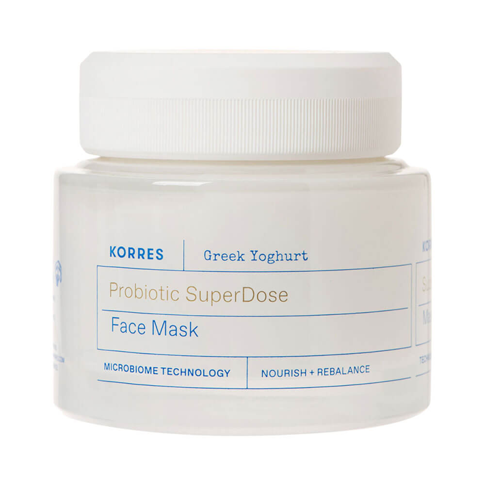 Máscara Facial Korres Greek Yoghurt Super Dose de Probióticos em pote branco translúcido com tampa branca