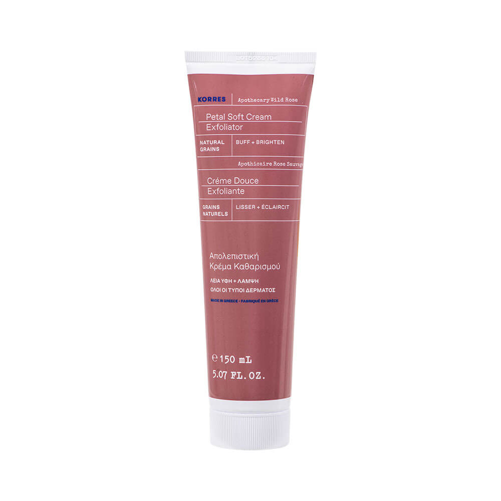 Creme Esfoliante Korres Apothecary Wild Rose Delicado de Pétalas 150ml tubo rosa avermelhado